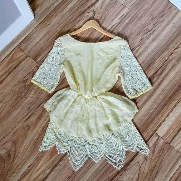 Made in Italy Peplum Lace Crochet Organza Silk Half Sleeve Yellow Blouse - Picture 9 of 13
